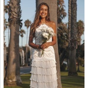 ELLIATT Waltz White Eyelet Lace Tiered Midi Dress